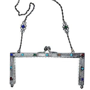Antique 1900s 1920s Silver Metal Purse Handbag Frame With Colored Stones Jewels